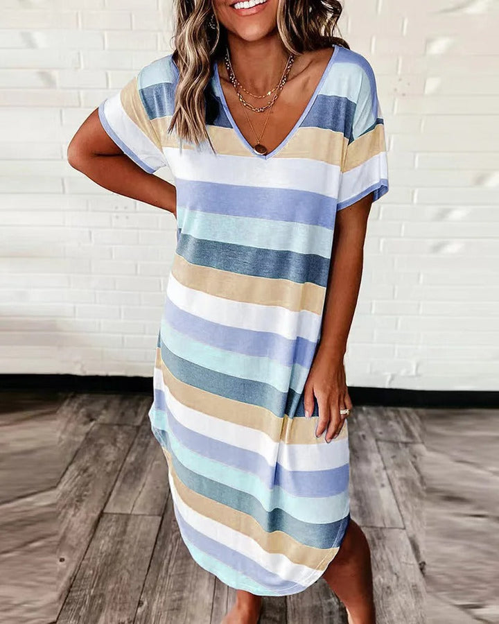 Damen-Midikleid mit kurzen Ärmeln und Streifenmuster
