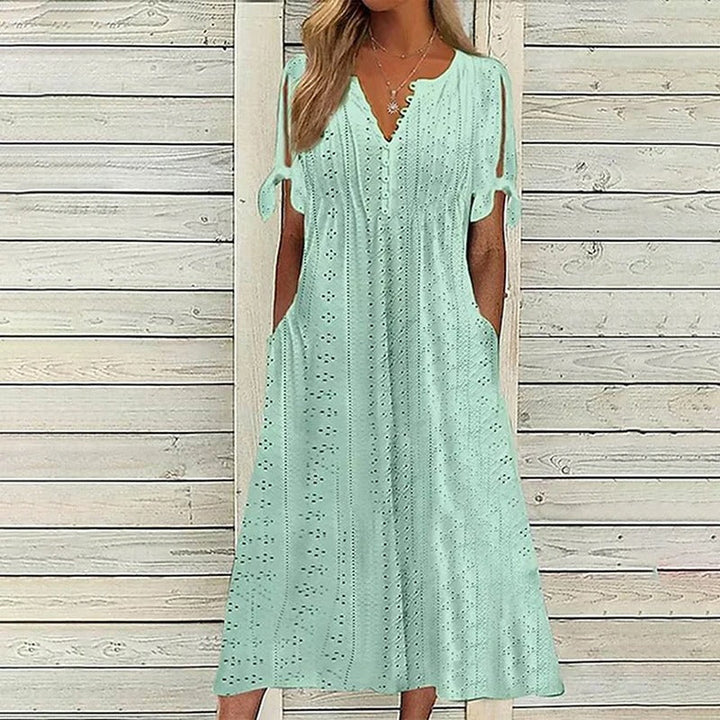 Damen Sommer-Midikleid mit V-Ausschnitt und Lochstickerei-Stoff