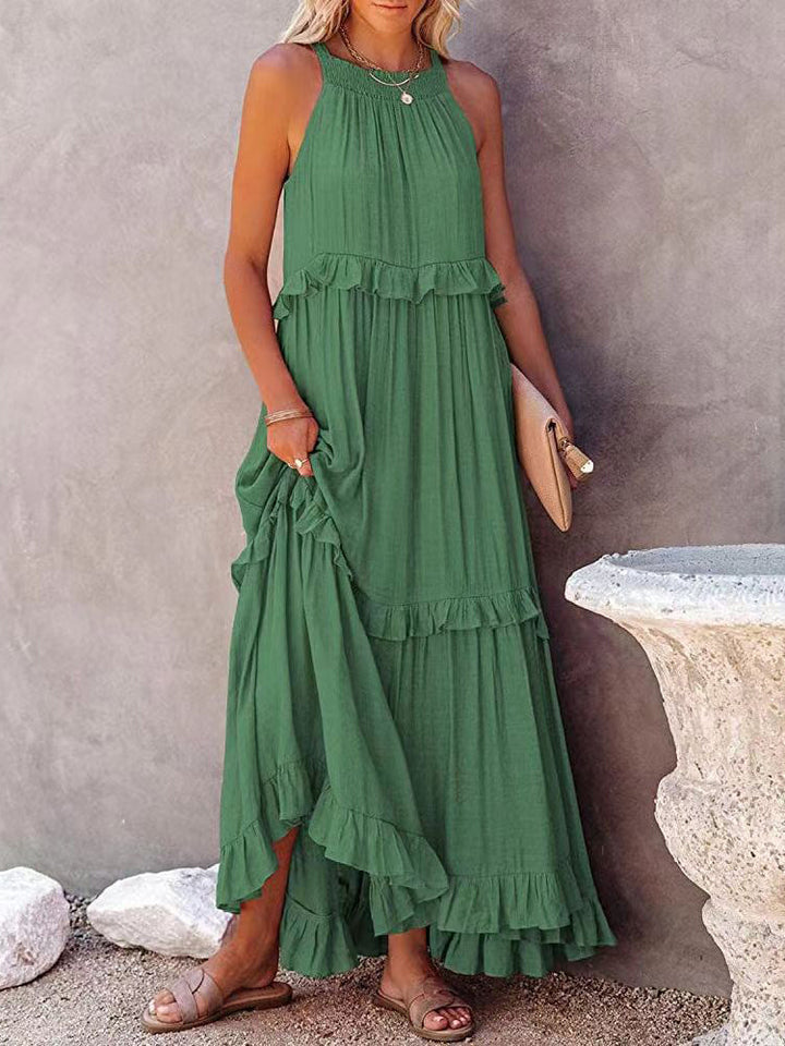 Damen-Maxi-Kleid mit Halterneck und gestuften Rüschen