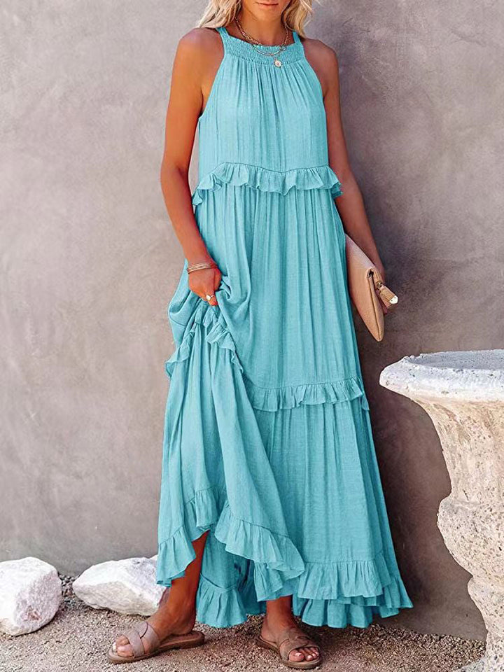 Damen-Maxi-Kleid mit Halterneck und gestuften Rüschen