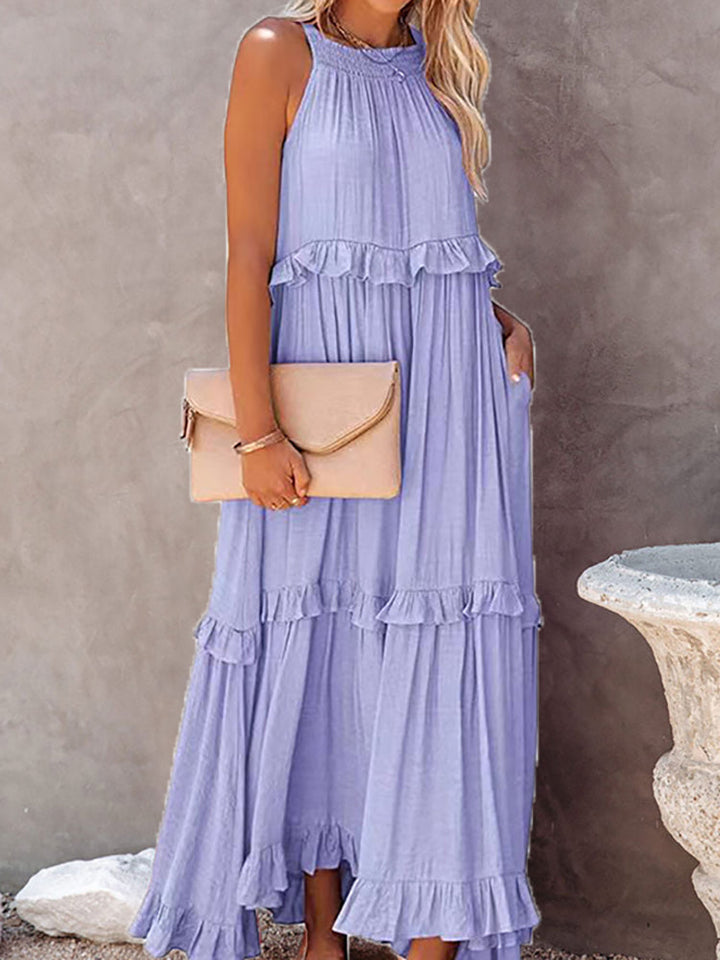 Damen-Maxi-Kleid mit Halterneck und gestuften Rüschen