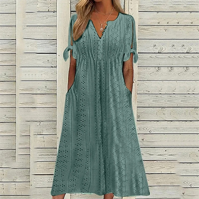 Damen Sommer-Midikleid mit V-Ausschnitt und Lochstickerei-Stoff