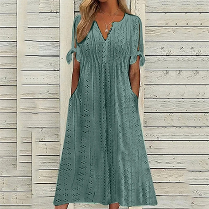 Damen Sommer-Midikleid mit V-Ausschnitt und Lochstickerei-Stoff