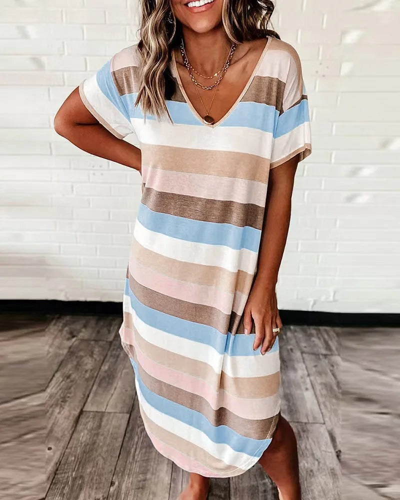Damen-Midikleid mit kurzen Ärmeln und Streifenmuster