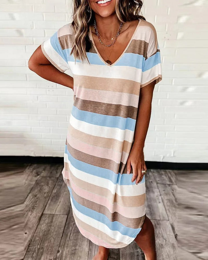 Damen-Midikleid mit kurzen Ärmeln und Streifenmuster