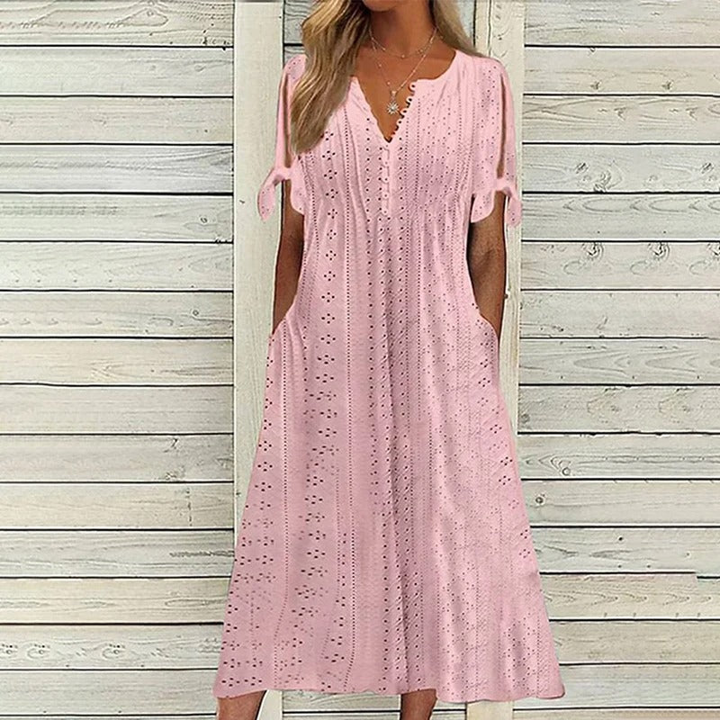 Damen Sommer-Midikleid mit V-Ausschnitt und Lochstickerei-Stoff