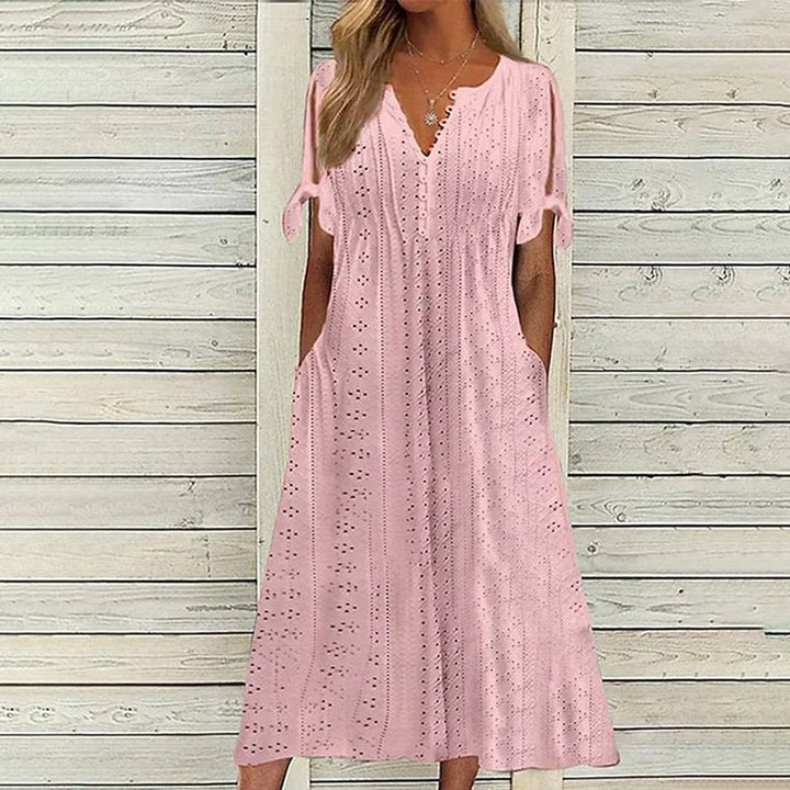 Damen Sommer-Midikleid mit V-Ausschnitt und Lochstickerei-Stoff