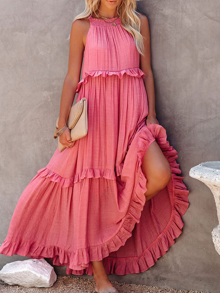 Damen-Maxi-Kleid mit Halterneck und gestuften Rüschen