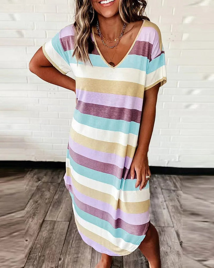 Damen-Midikleid mit kurzen Ärmeln und Streifenmuster