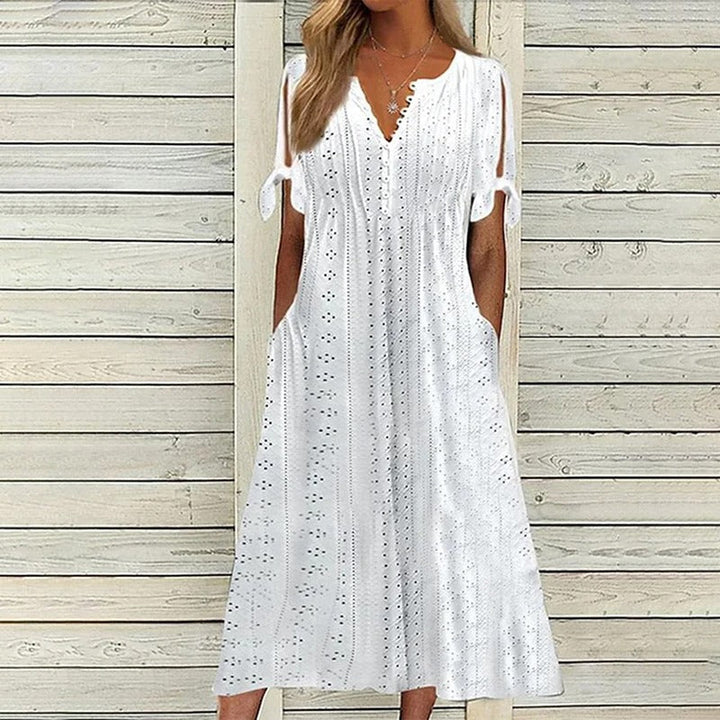 Damen Sommer-Midikleid mit V-Ausschnitt und Lochstickerei-Stoff