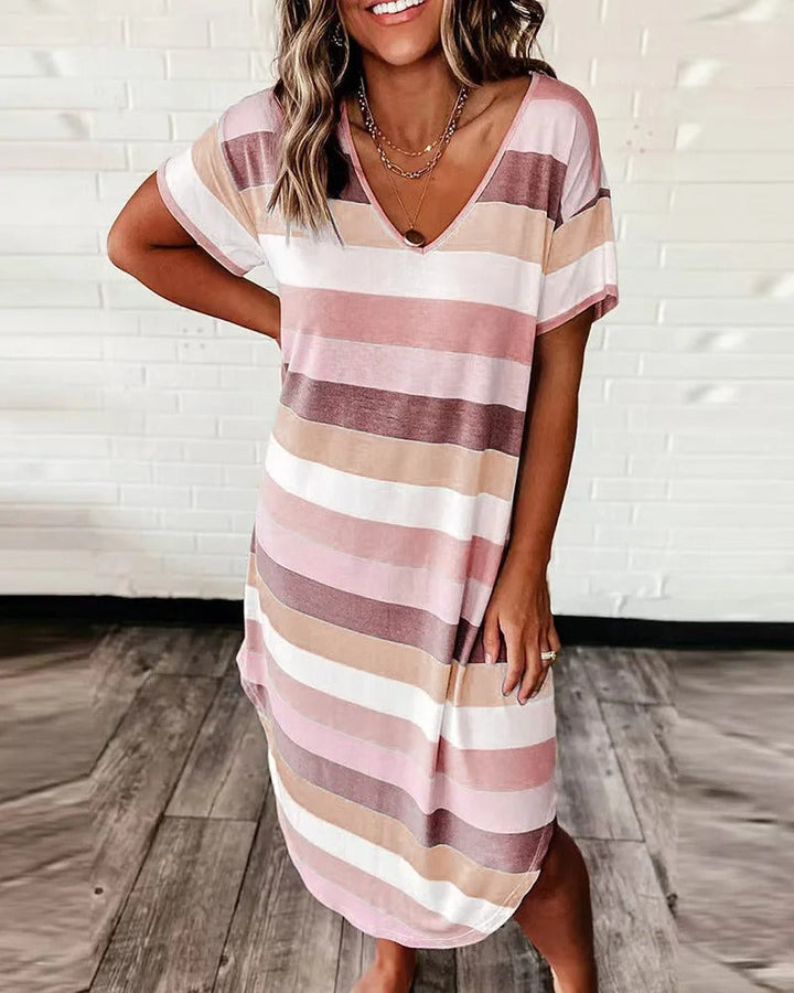 Damen-Midikleid mit kurzen Ärmeln und Streifenmuster