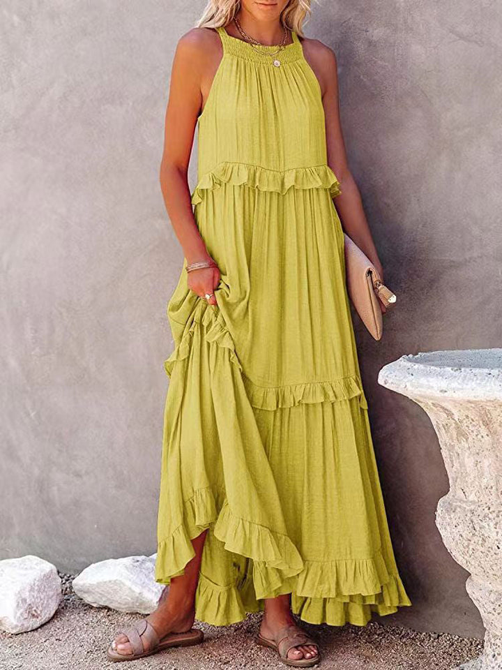 Damen-Maxi-Kleid mit Halterneck und gestuften Rüschen