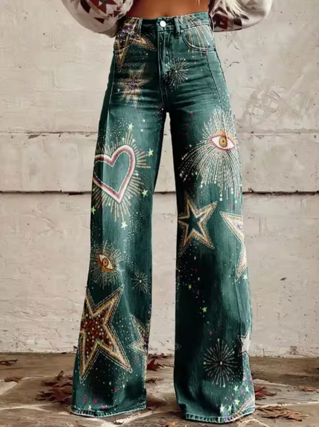 Damen-weite Jeans mit bedrucktem Design