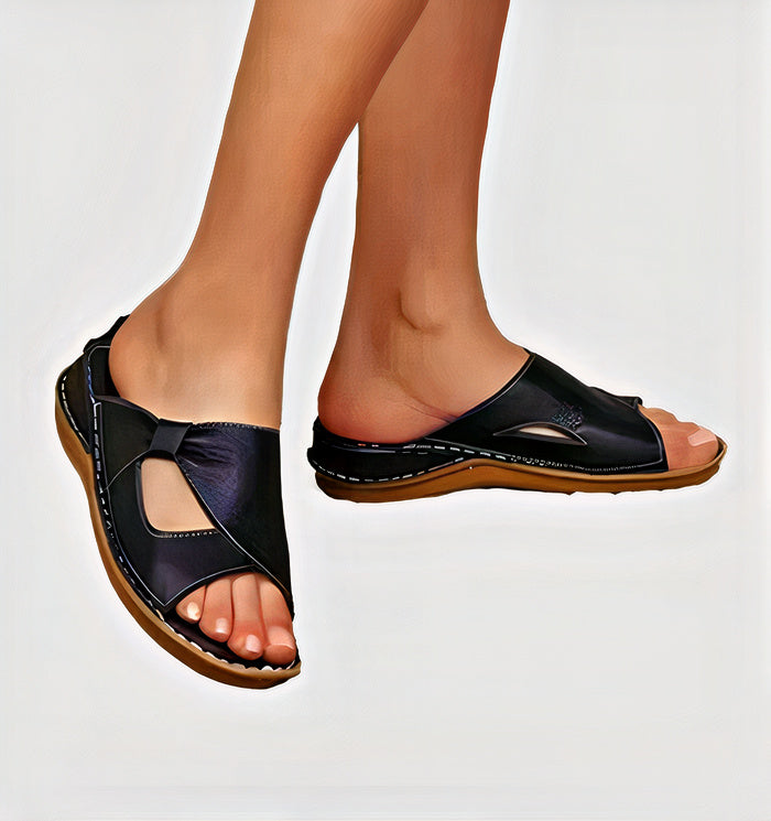 Damen Sommer Vegan Leder-Sandalen mit Offener Zehenpartie und Slip-on